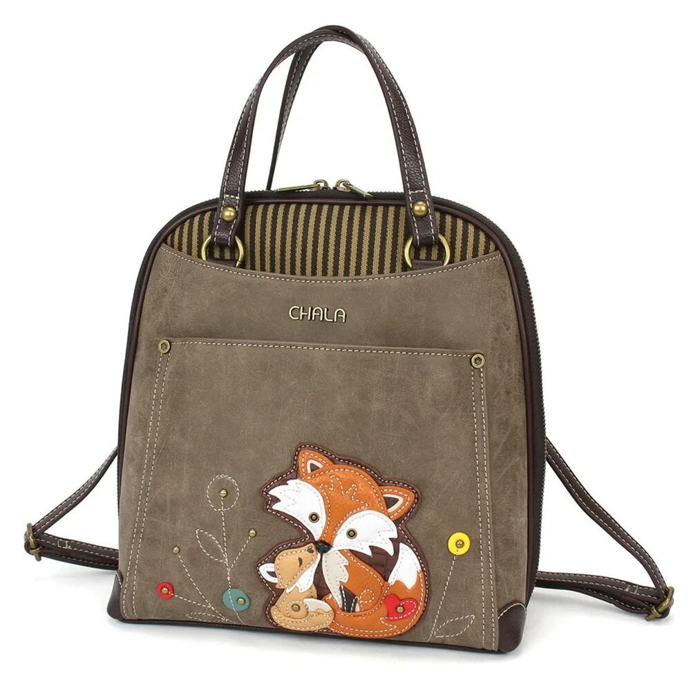 Chala Convertible Faux Leather Backpack Purse - Fox Family, Stone Gray NWT